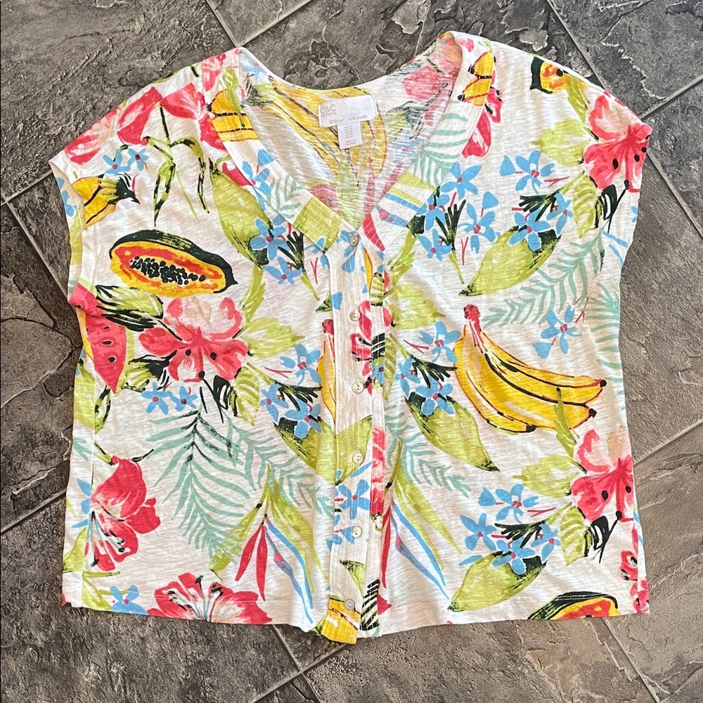 C&C CALIFORNIA Linen Blend Floral Fruit Print Women's Cap Sleeve Coastal Fun Top